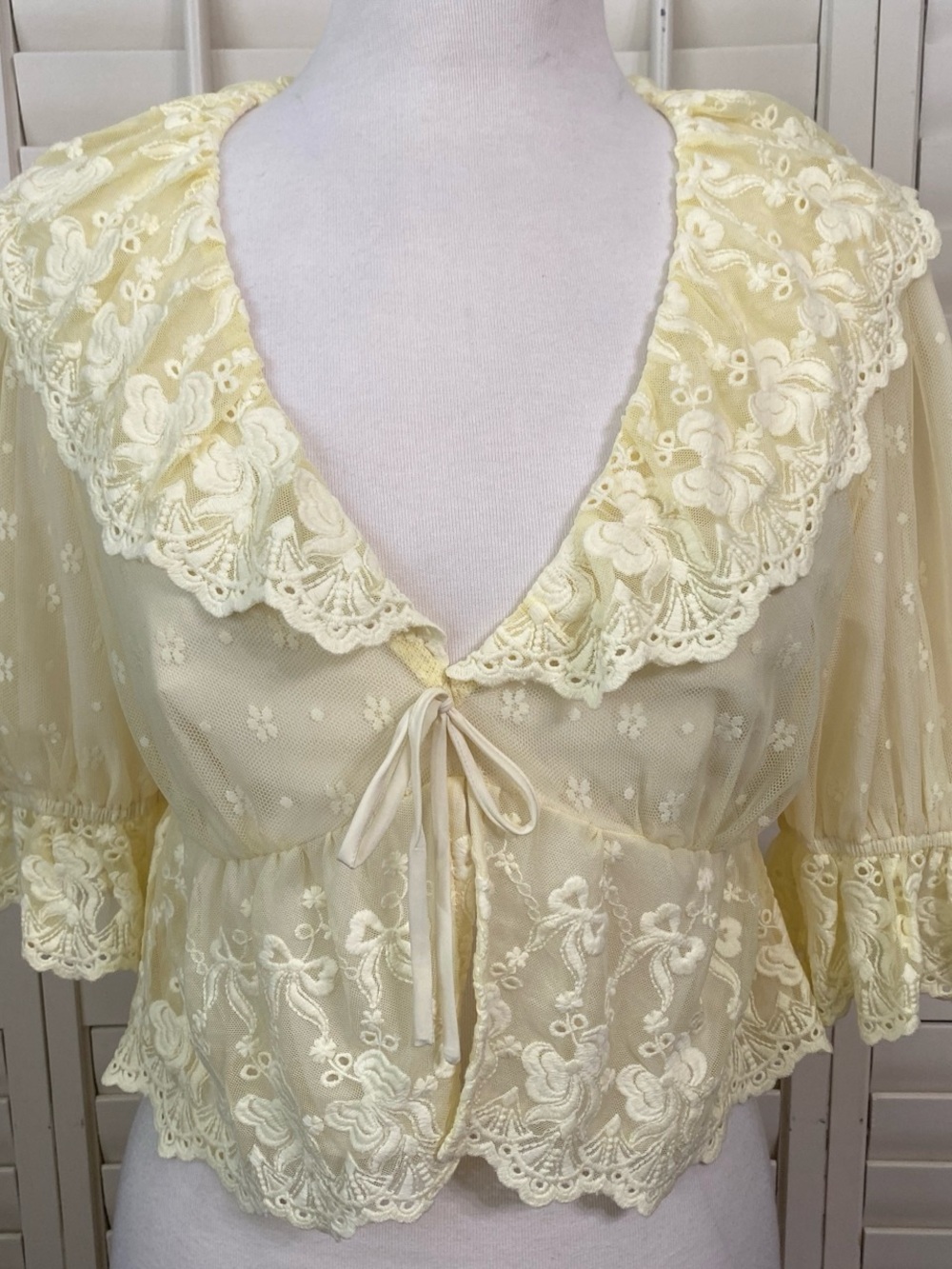 Altar'd State Butter Yellow Lace-Trim Sheer Blouse - Picture 7 of 8